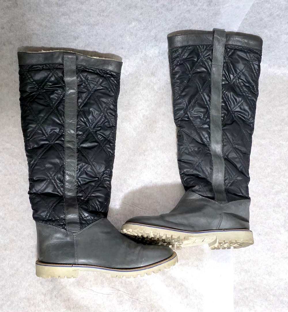 Pier One Grey Leather & Quilted Nylon Winter Tall Boots Boho Chic Size 9 (EU 39)